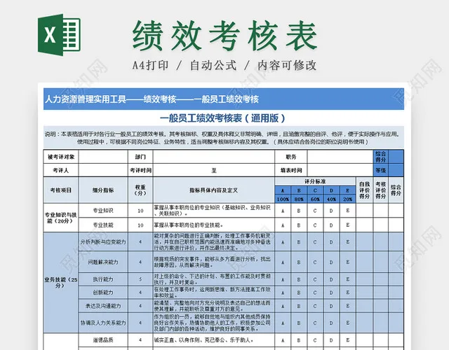 一般员工绩效考核通用Excel表模板插图