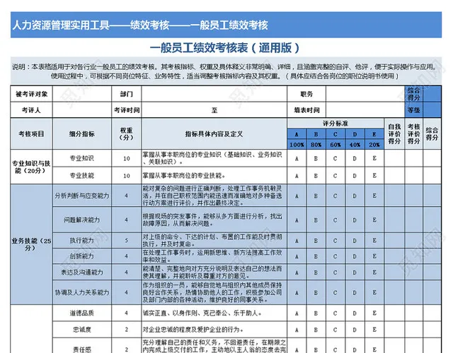 一般员工绩效考核通用Excel表模板插图2