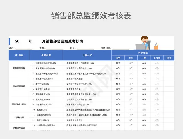 蓝色商务销售部总监绩效考核表插图