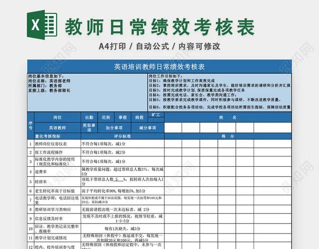 教师日常绩效考核表模板EXCEL模板插图