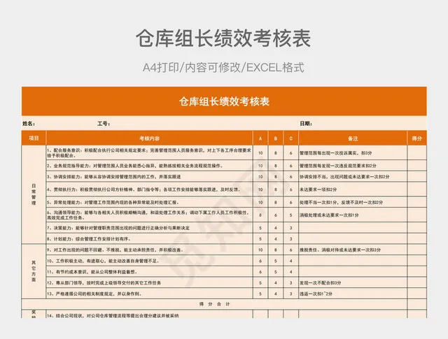 橙色仓库组长绩效考核表插图