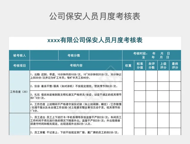 蓝绿色公司保安人员月度考核表插图