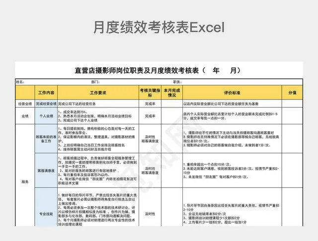 黄色月度绩效考核表插图