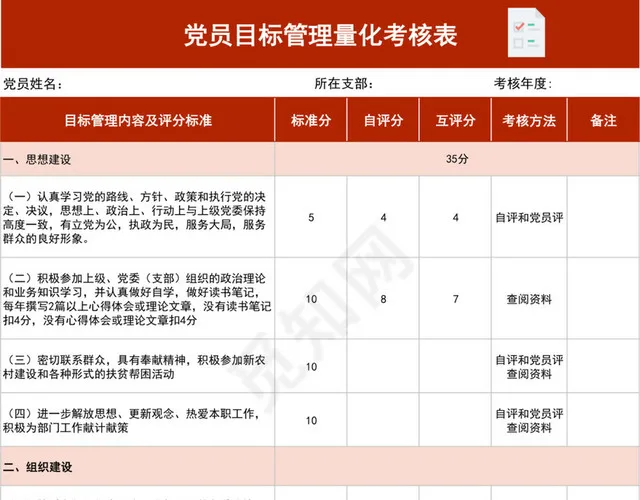 红色大气党员目标管理量化考核表插图1