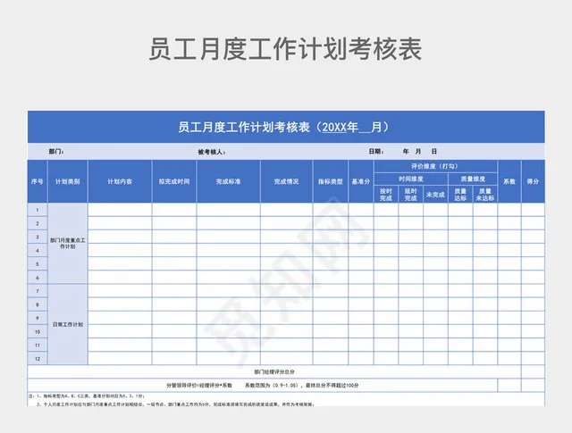 蓝色商务员工月度工作计划考核表插图