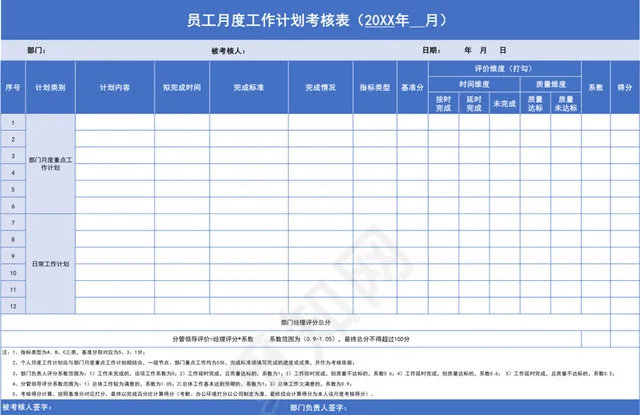 蓝色商务员工月度工作计划考核表插图1